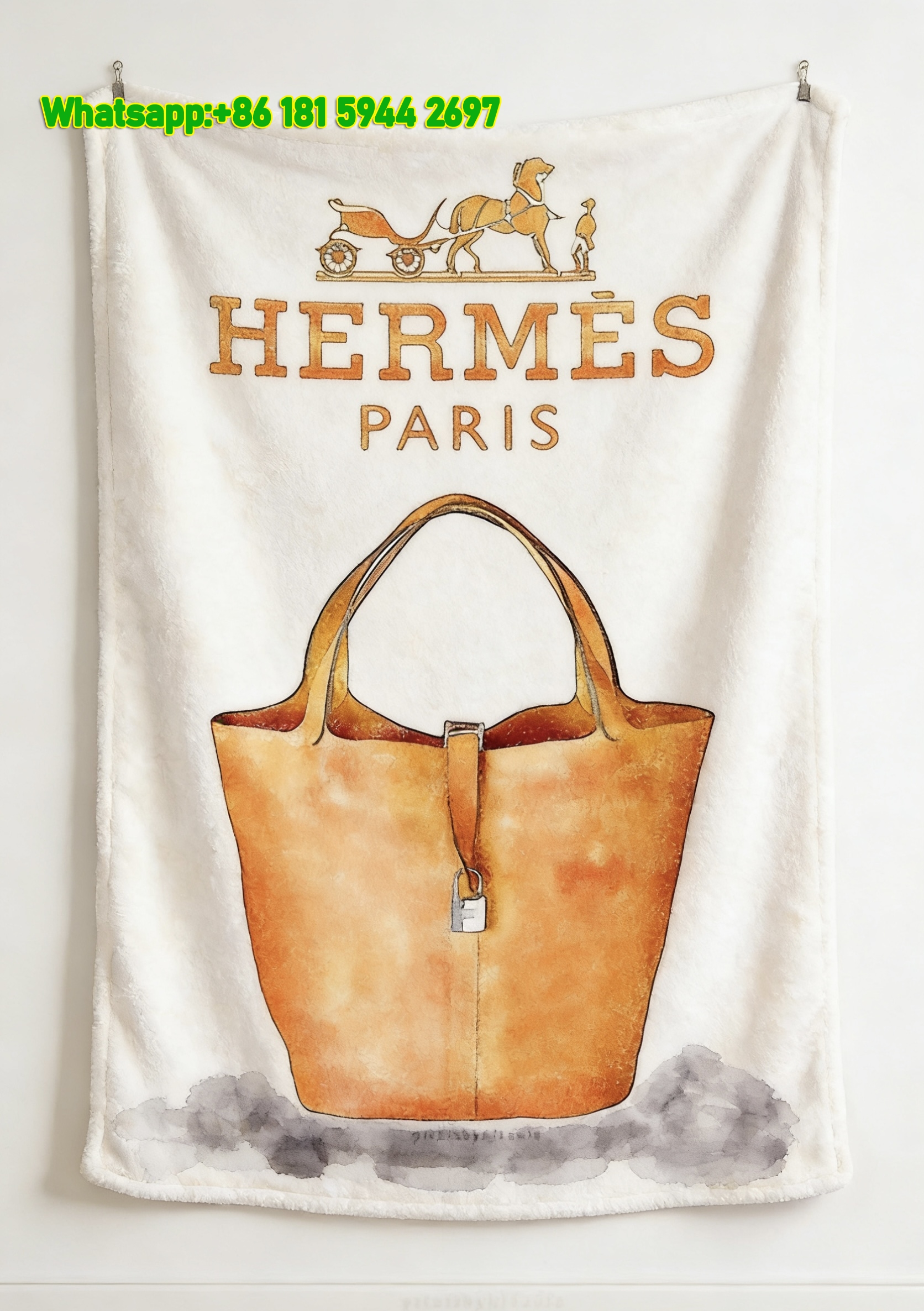 Hermès Tan Picotin Lock Watercolor Flannel Throw Blanket IMG_5059